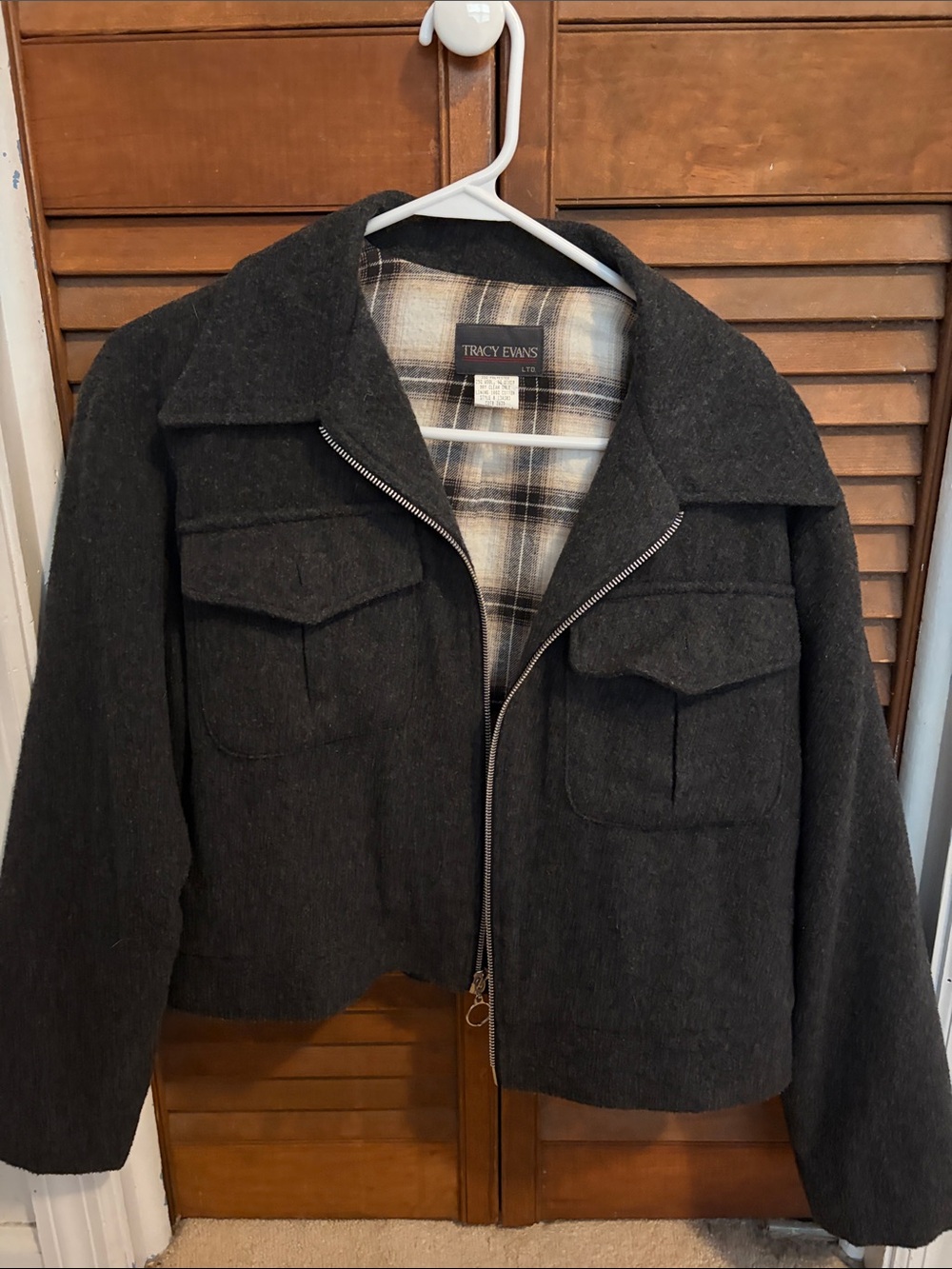 Vintage Tracy Evans Charcoal Wool-Blend Cropped Utility Jacket size Small